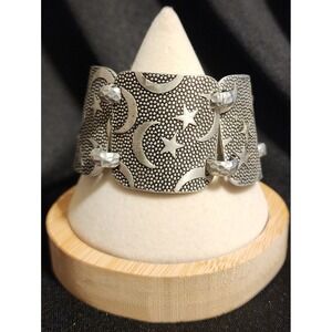 Celestial Moon and Star Panel Link Bracelet Silver Tone Textured Hammered Chain